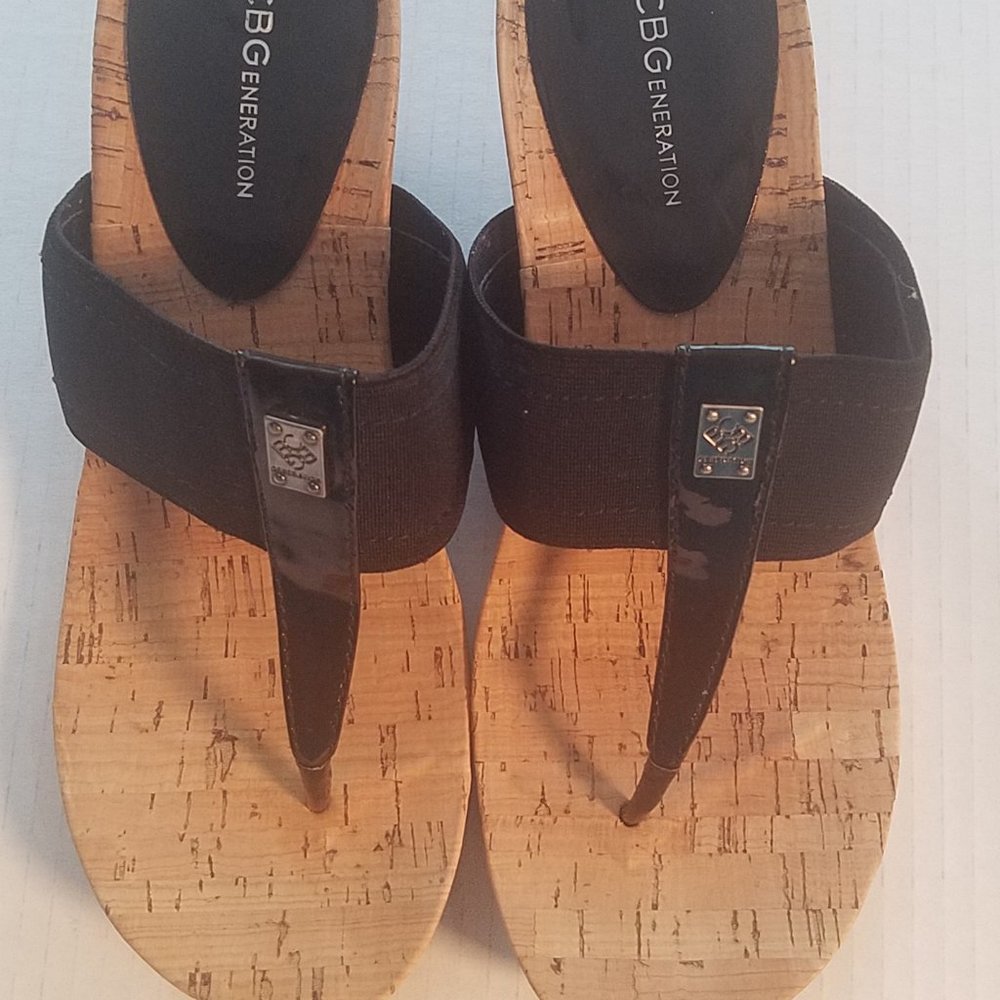 BCBG Generation Wedge Sandals, Black, Size 8M, Heel Height 3 1/2, Cork Print
